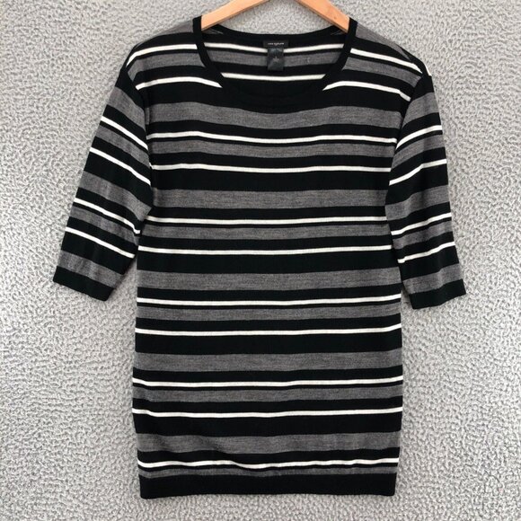 Ann Taylor Sweater Womens Small Black Gray Stripe Merino Wool Blend Knit 3/4 Slv - Picture 1 of 9